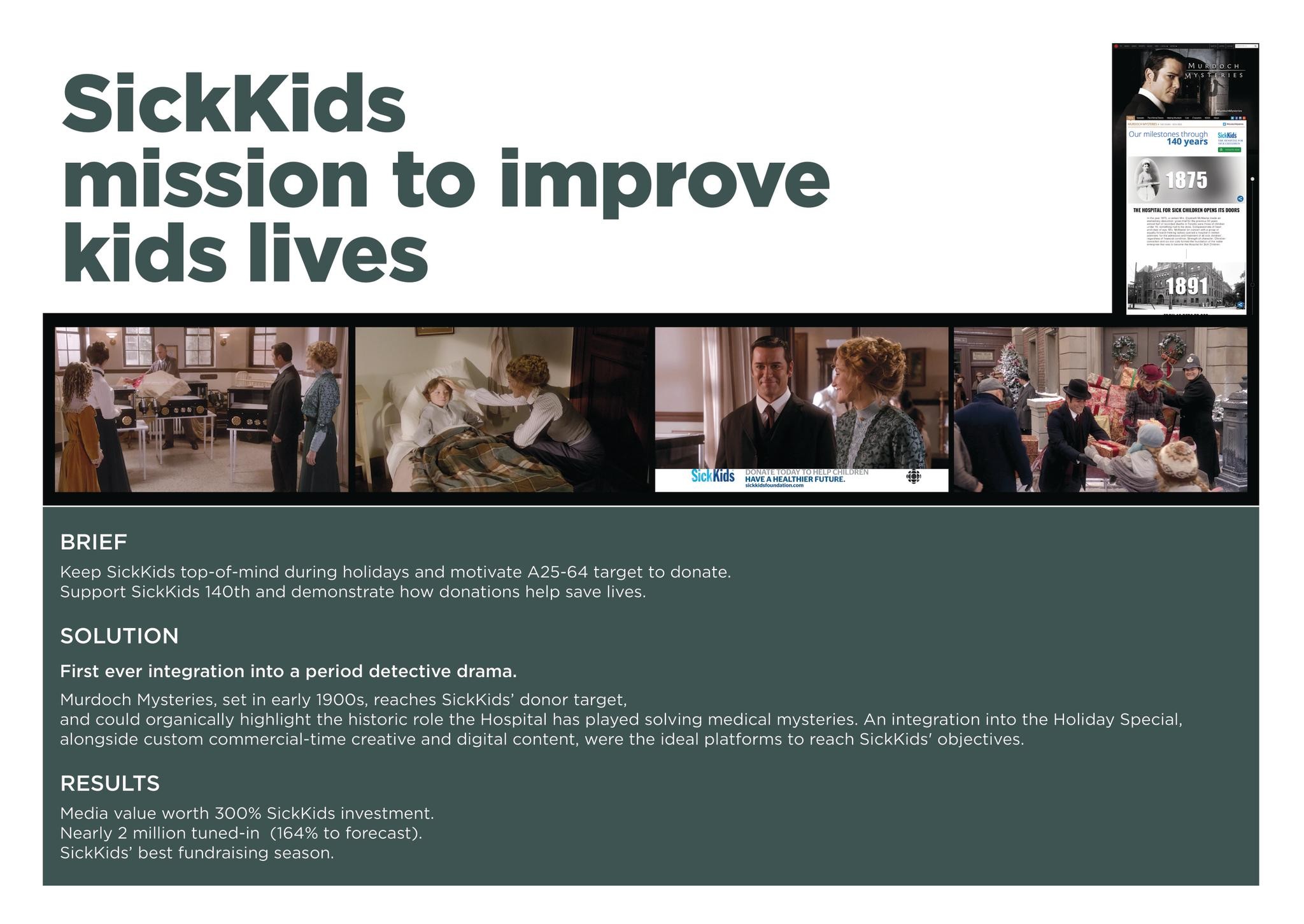 SickKids Foundation/Murdoch Mysteries Programme Integration